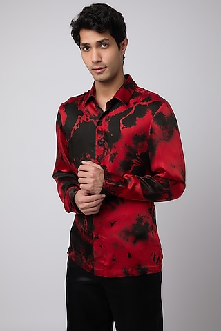 Onyx & Red Modal Satin Tie-Dyed Shirt by Aroka men