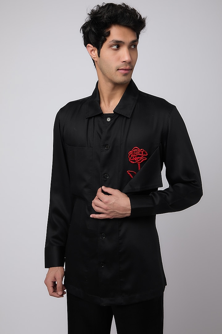 Black Tencel Rose Embroidered Shirt by Aroka men