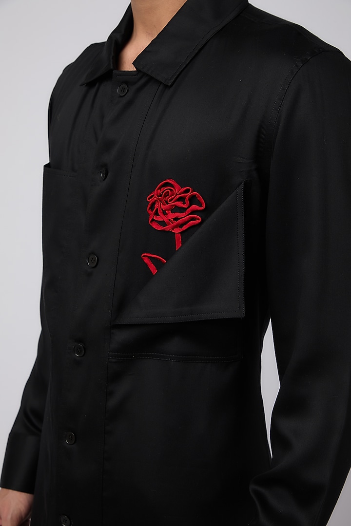 Black Tencel Rose Embroidered Party Wear Shirt by Aroka men at Pernia's Pop Up Shop