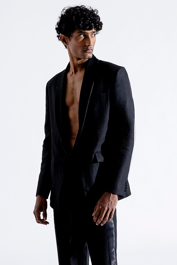 Black Linen & Vegan Mashru Blazer by Aroka men at Pernia's Pop Up Shop