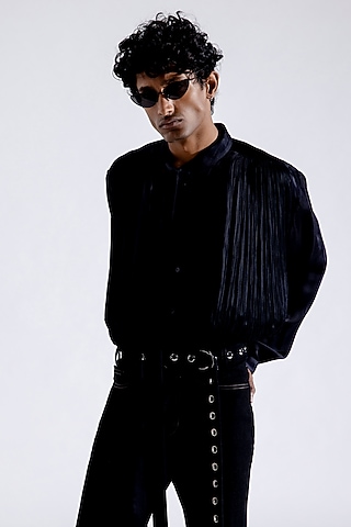 Black Modal Satin Tuxedo Shirt by Aroka men