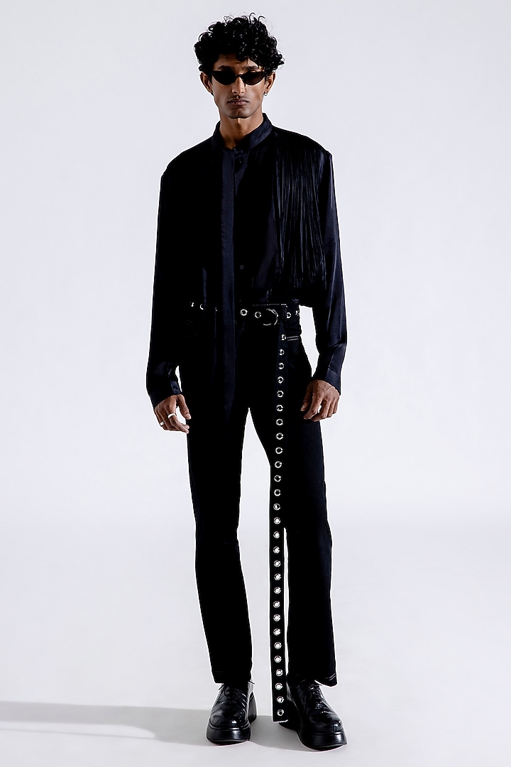 Black Modal Satin Tuxedo Party Wear Shirt by Aroka men at Pernia's Pop Up Shop