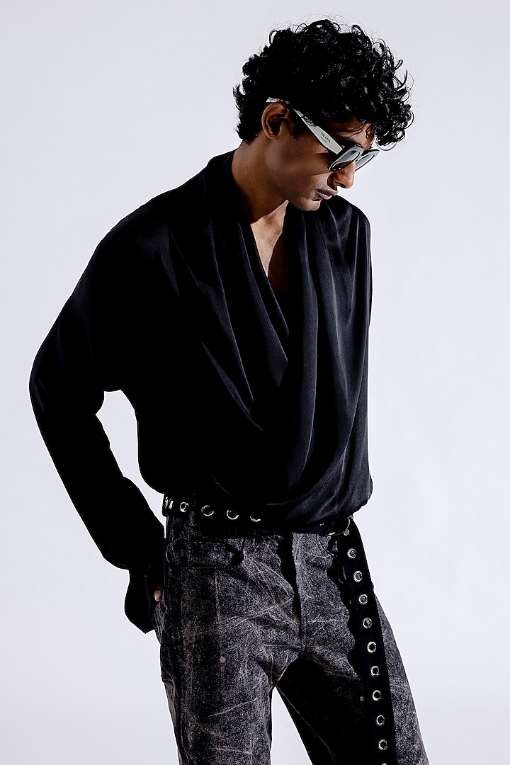 Black Modal Satin Wrap Shirt by Aroka men