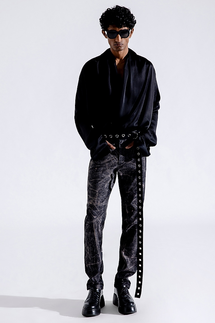 Black Modal Satin Wrap Party Wear Shirt by Aroka men at Pernia's Pop Up Shop