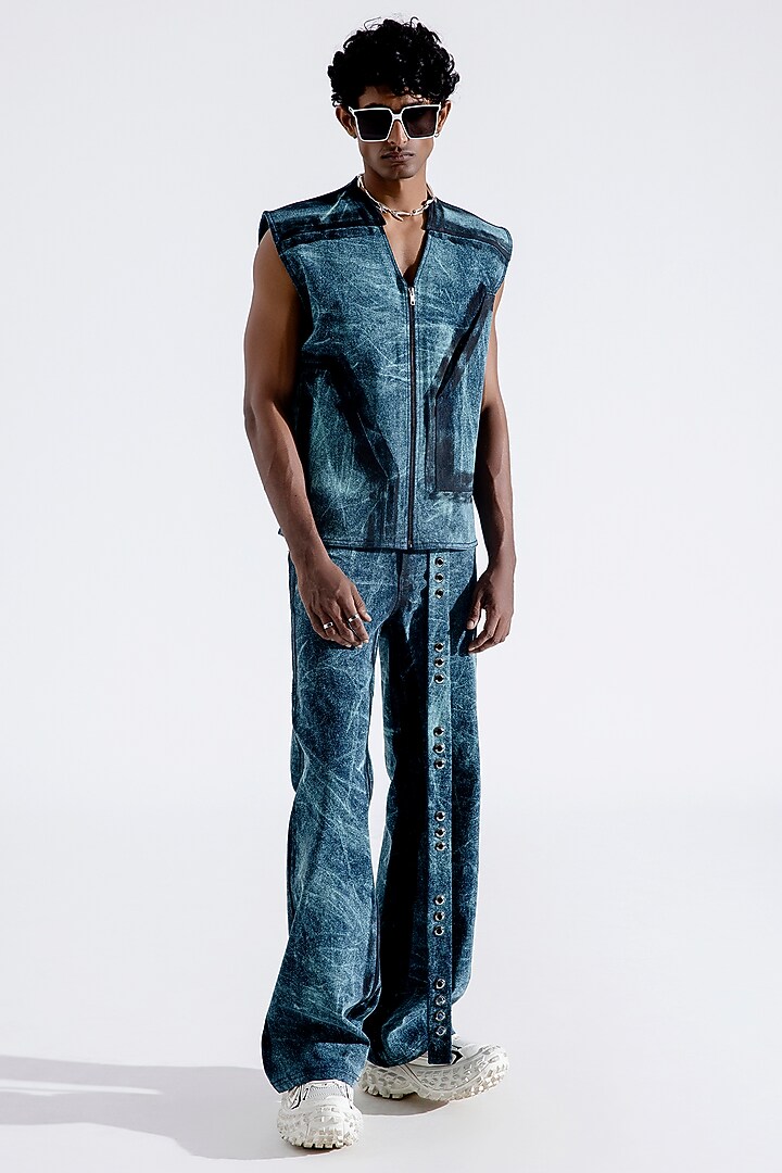 Ice Blue Denim Printed Vest by Aroka men at Pernia's Pop Up Shop