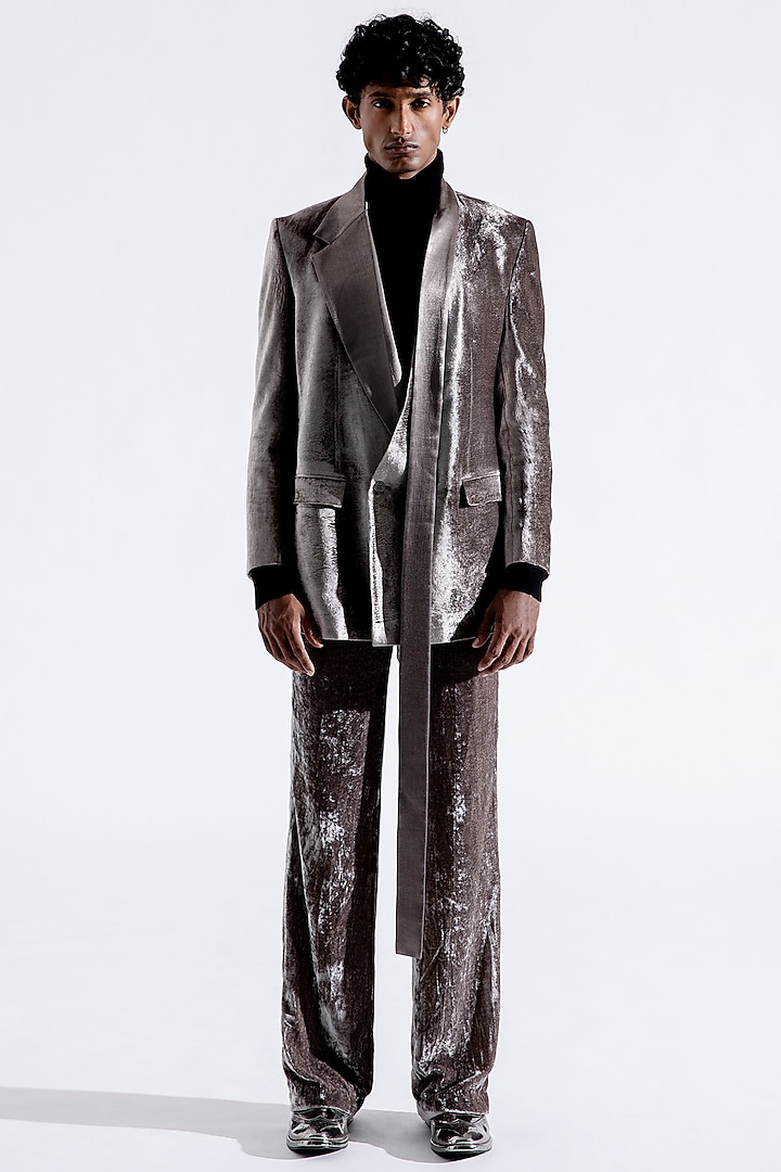 Grey Graphite Silk Velvet Blazer by Aroka men