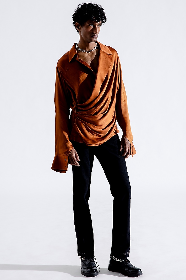 Camel Brown Modal Satin Wrap Shirt by Aroka men