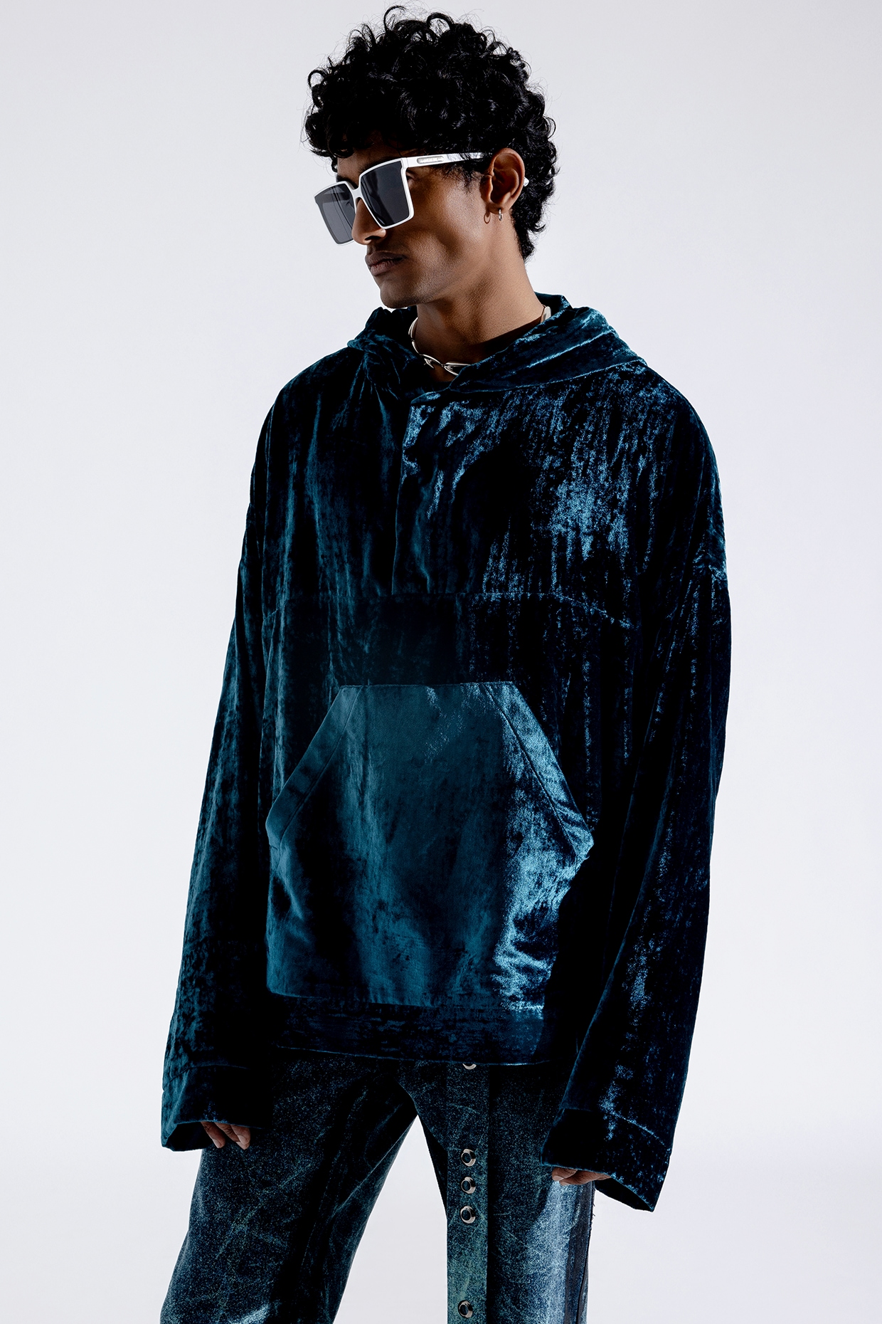 Buy Aroka men Blue Silk Velvet Oversized Hoodie at Pernia