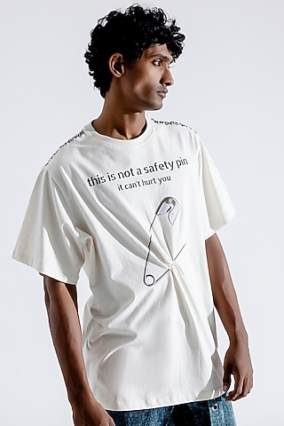 White Organic Cotton Printed & Embroidered T-Shirt by Aroka men