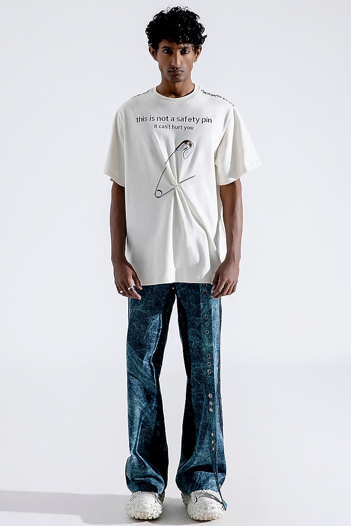 White Organic Cotton Printed & Embroidered T-Shirt by Aroka men at Pernia's Pop Up Shop