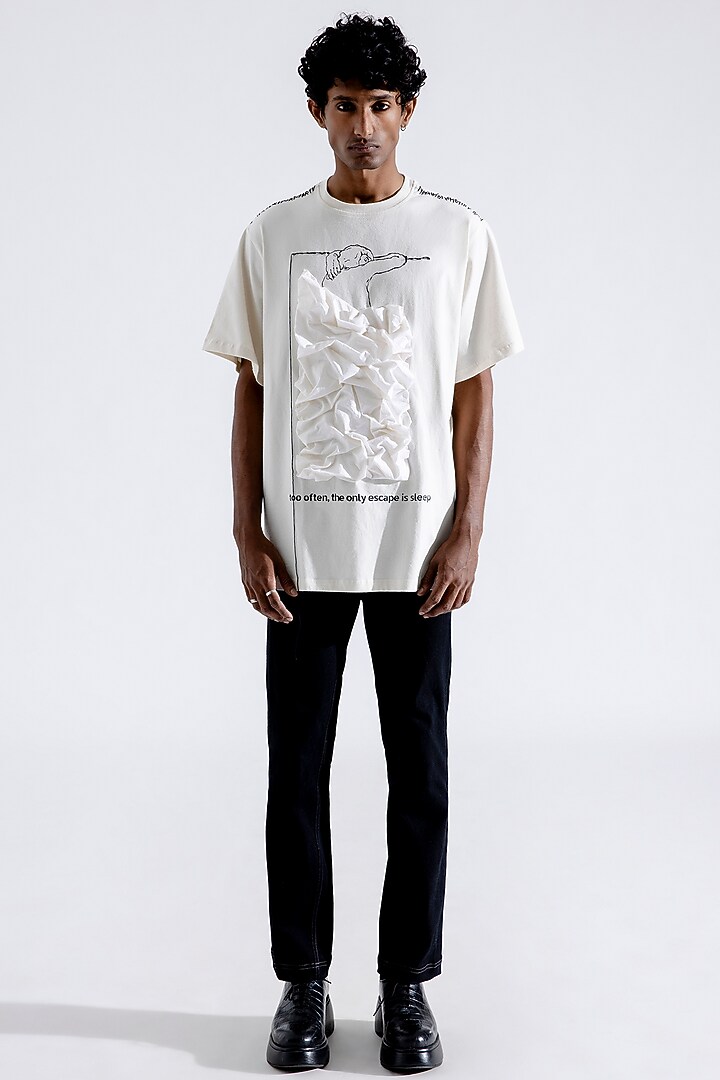 White Organic Cotton Printed T-Shirt by Aroka men at Pernia's Pop Up Shop