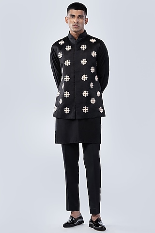 Black Silk Motif Bundi Jacket Set by Arjuun Kilachand