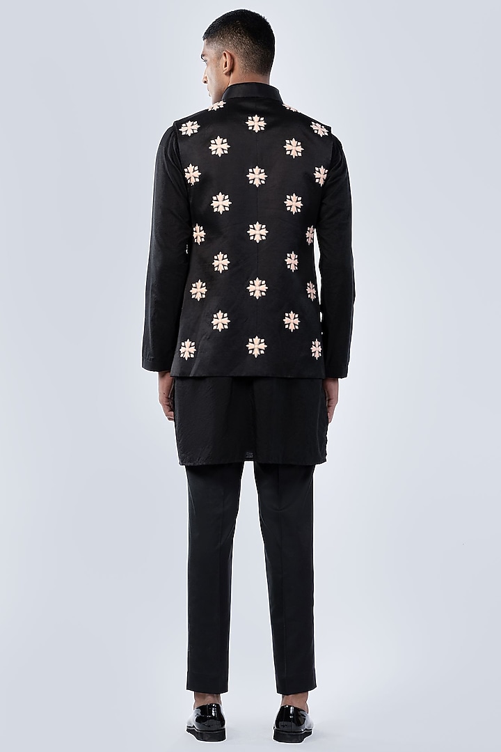 Black Silk Motif Bundi Jacket Set by Arjuun Kilachand at Pernia's Pop Up Shop