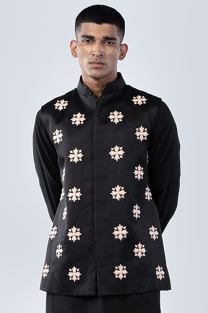 Black Silk Motif Bundi Jacket Set by Arjuun Kilachand at Pernia's Pop Up Shop