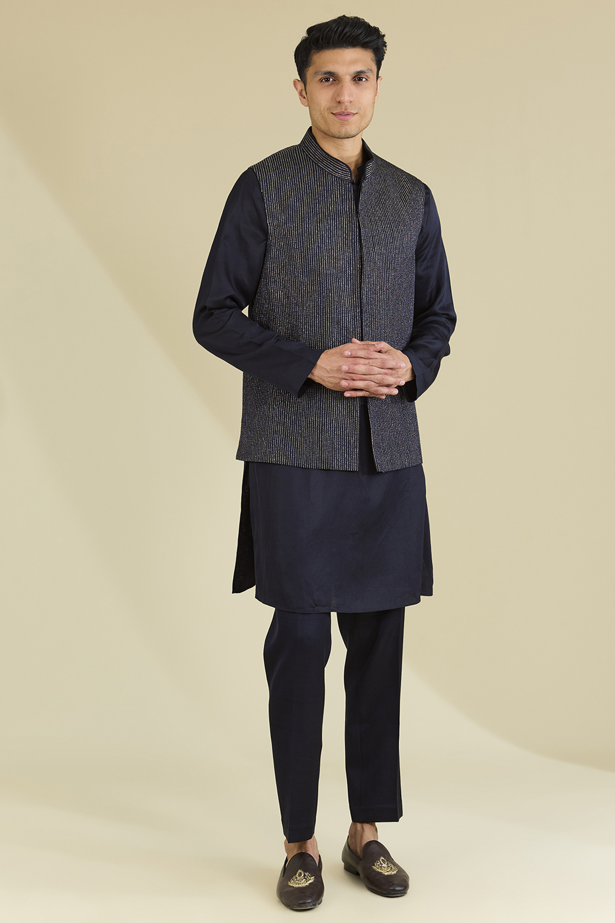Navy Blue Silk Resham & Badla Embroidered Bundi Set by Arjun Kilachand