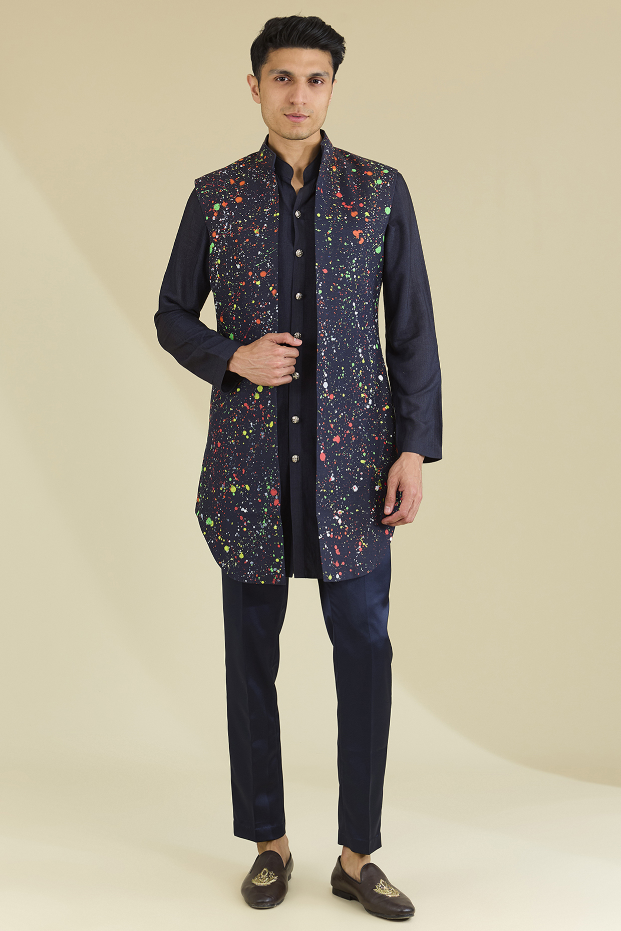 Navy Blue Georgette Printed Indowestern Set by Arjun Kilachand
