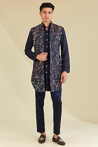 Navy Blue Georgette Printed Indowestern Set by Arjuun Kilachand
