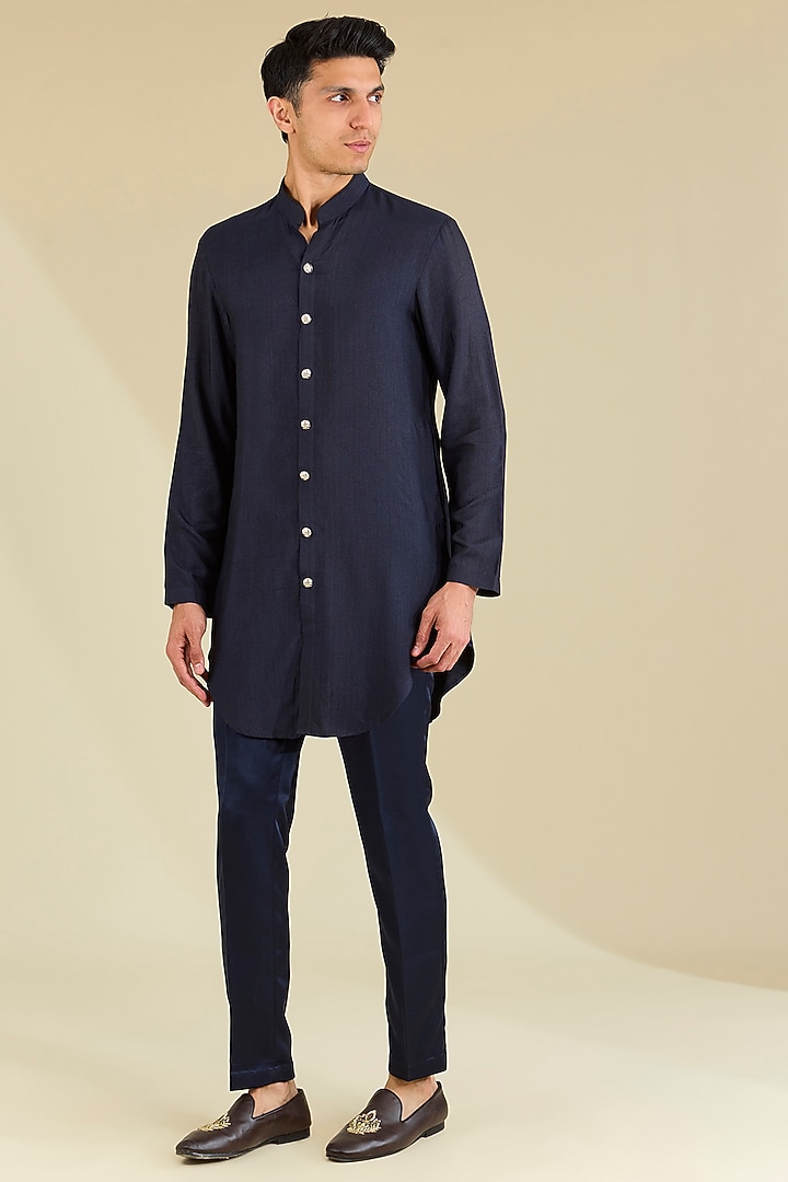 Navy Blue Georgette Printed Wedding Indowestern Set by Arjuun Kilachand at Pernia's Pop Up Shop