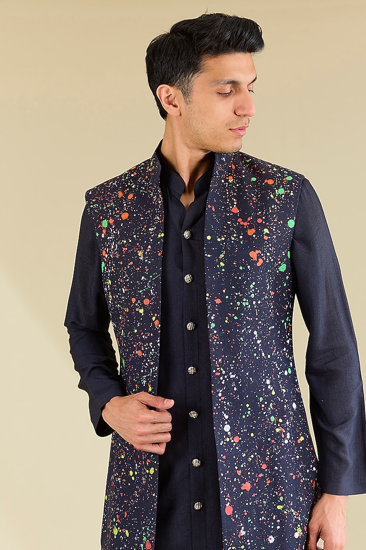Navy Blue Georgette Printed Wedding Indowestern Set by Arjuun Kilachand at Pernia's Pop Up Shop
