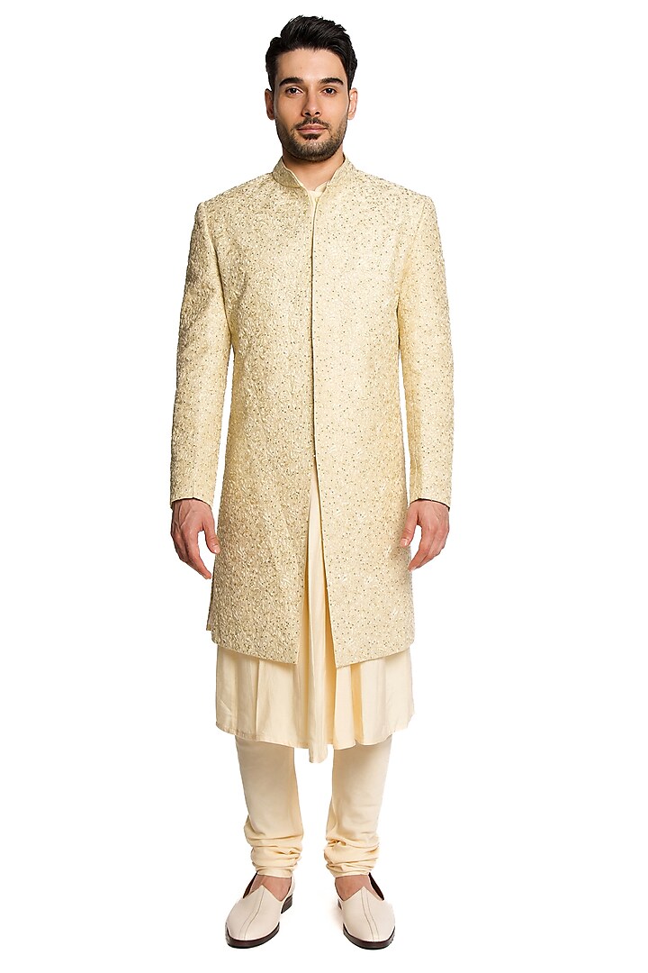 Champagne Raw Silk Sequins & Cutdana Embroidered Sherwani Set by Arjuun Kilachand