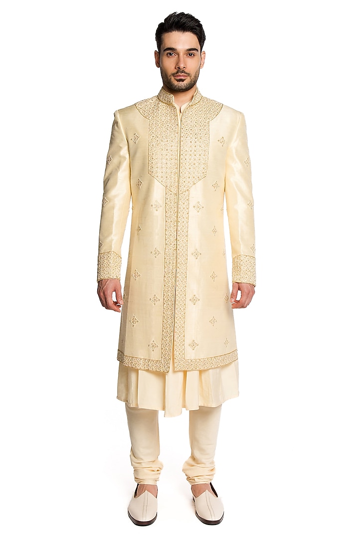 Champagne Raw Silk Beads & Motif Embroidered Sherwani Set by Arjuun Kilachand