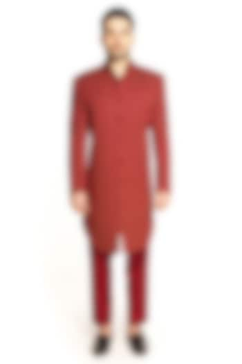 Maroon Linen Silk Thread & Cutdana Embroidered Sherwani Set by Arjuun Kilachand