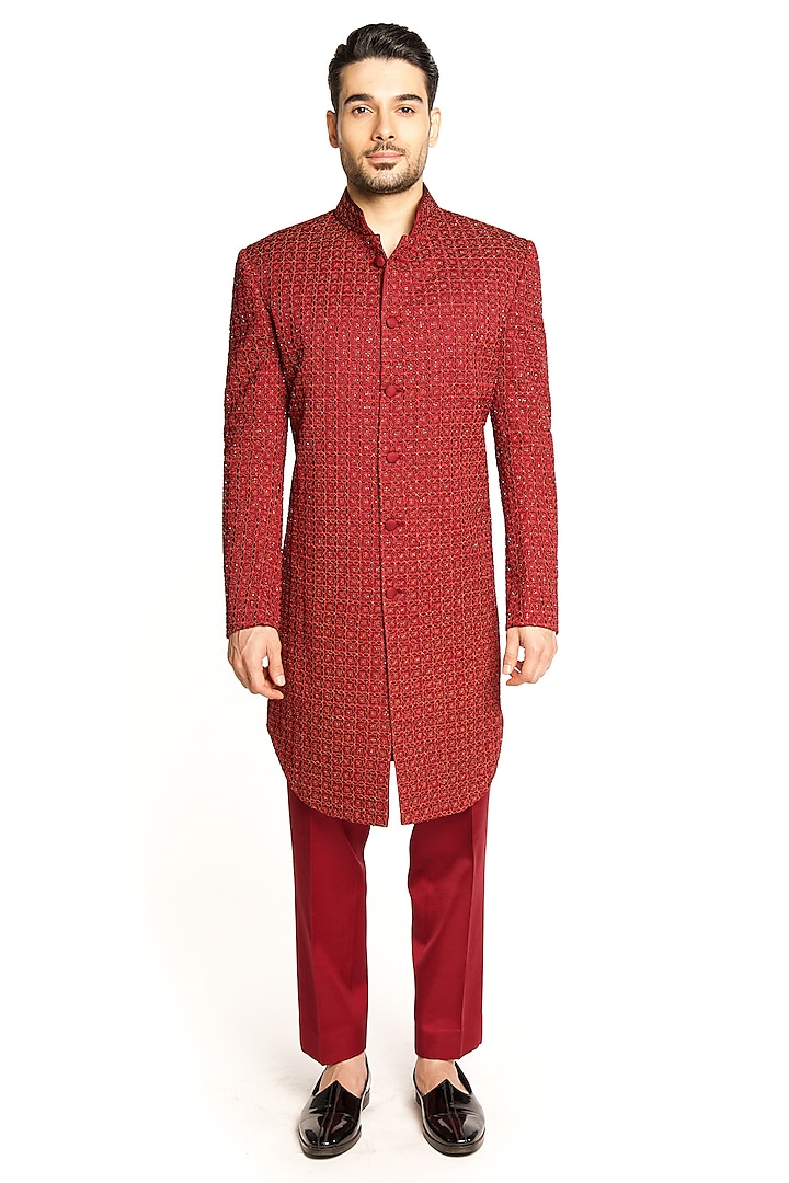 Maroon Linen Silk Thread & Cutdana Embroidered Sherwani Set by Arjuun Kilachand