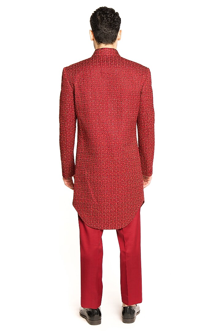 Maroon Linen Silk Thread & Cutdana Embroidered Groom Sherwani Set by Arjuun Kilachand at Pernia's Pop Up Shop