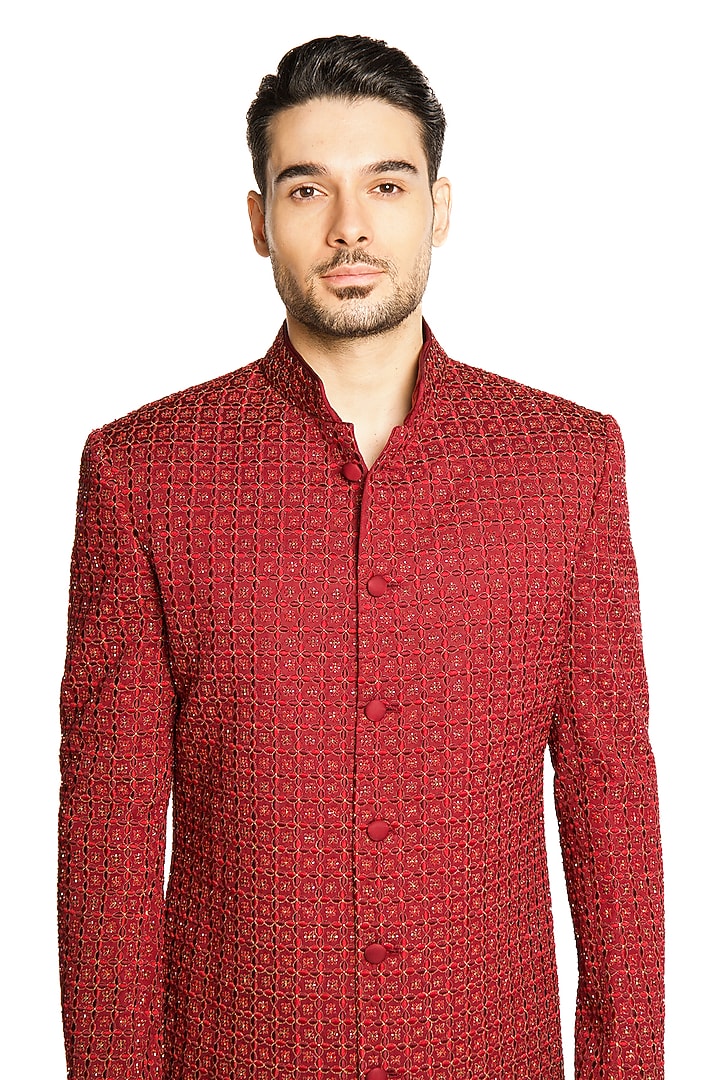 Maroon Linen Silk Thread & Cutdana Embroidered Groom Sherwani Set by Arjuun Kilachand at Pernia's Pop Up Shop