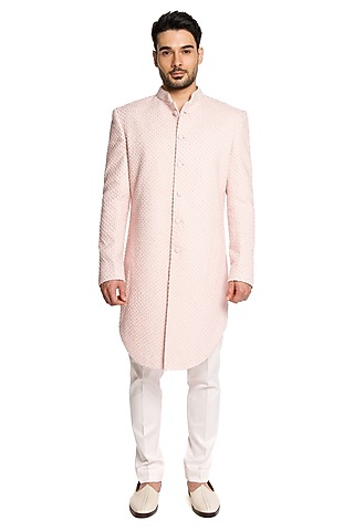 Baby Pink Linen Silk Thread & Cutdana Embroidered Sherwani Set by Arjuun Kilachand