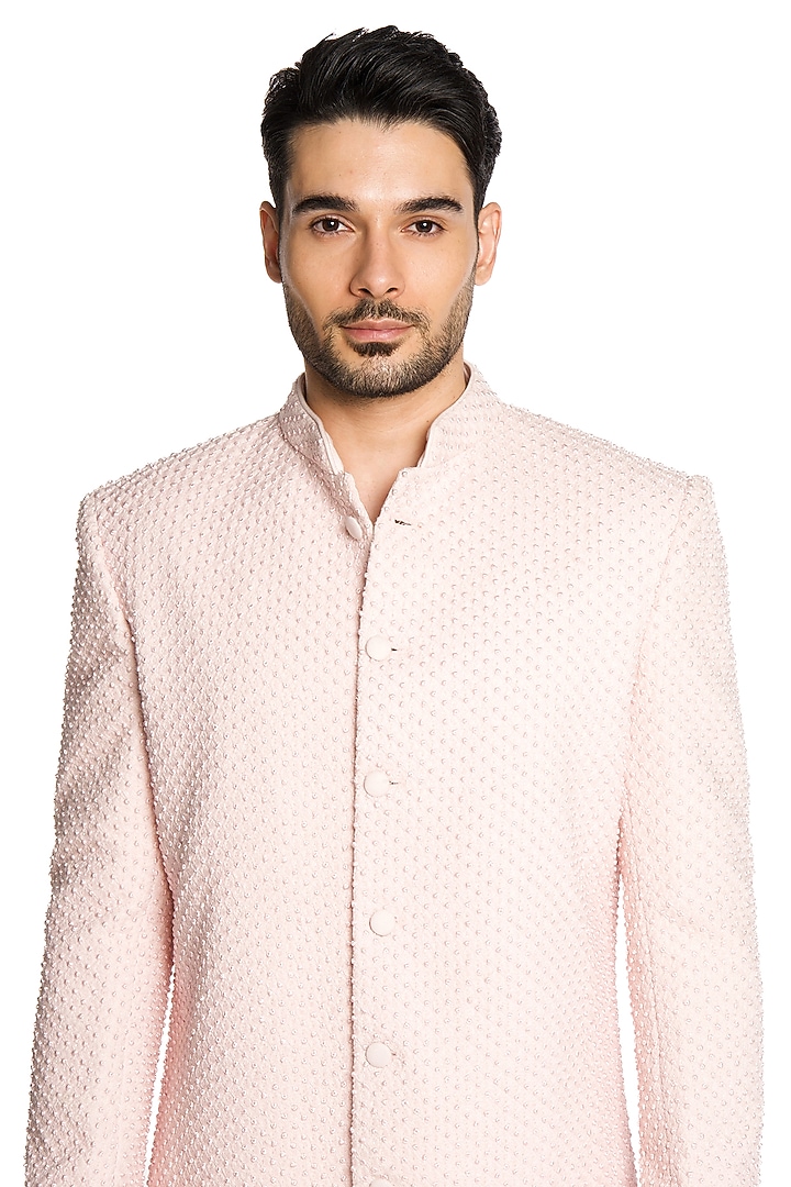 Baby Pink Linen Silk Thread & Cutdana Embroidered Groom Sherwani Set by Arjuun Kilachand at Pernia's Pop Up Shop