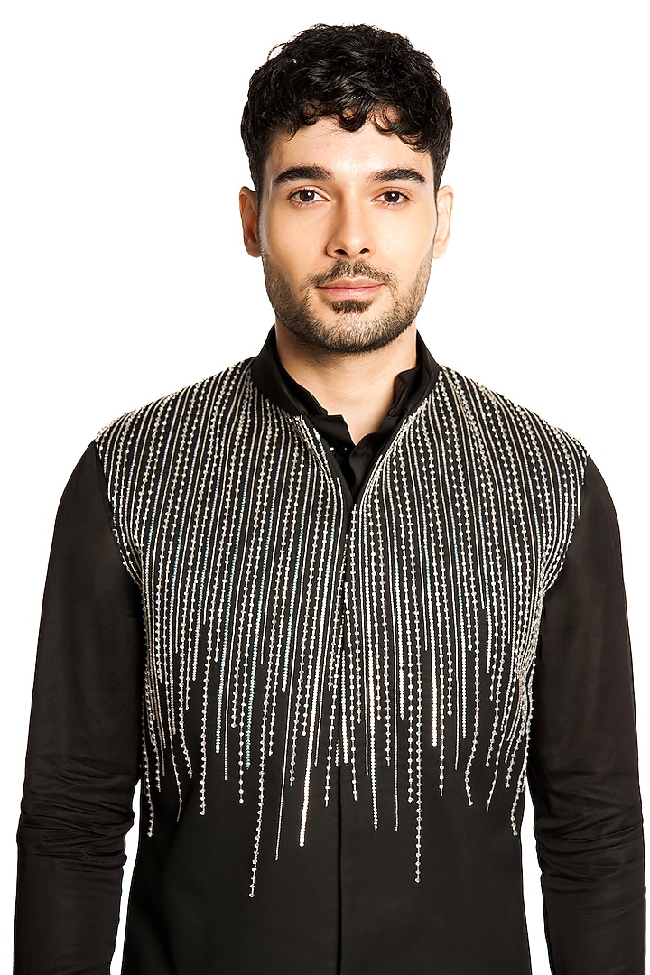 Black Linen Silk Sequins & Cutdana Embroidered Bundi Jacket Set by Arjuun Kilachand at Pernia's Pop Up Shop