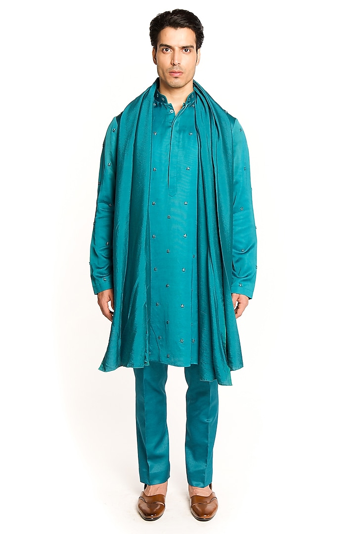 Winsor Blue Linen Silk Embroidered Kurta Set by Arjuun Kilachand