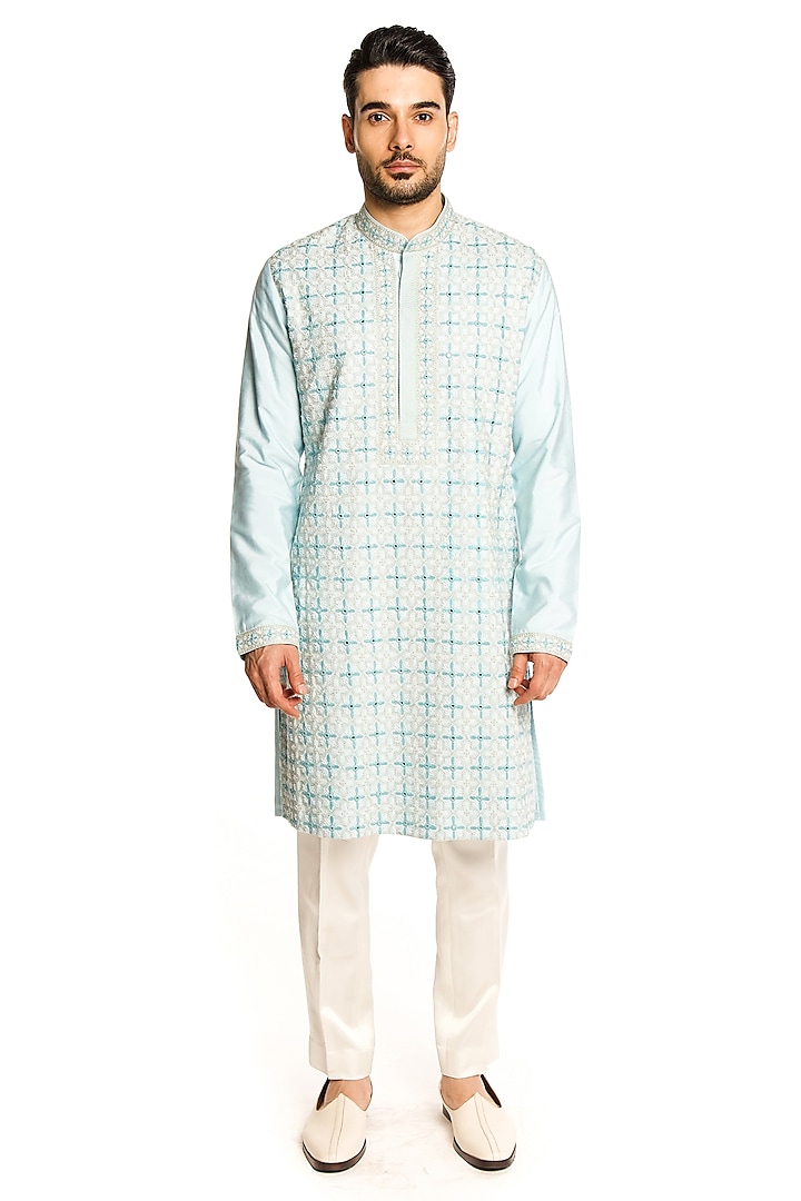 Light Blue Cotton Silk Mirror & Thread Embroidered Kurta by Arjuun Kilachand