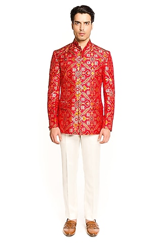 Red Patola Bandhgala Set by Arjuun Kilachand