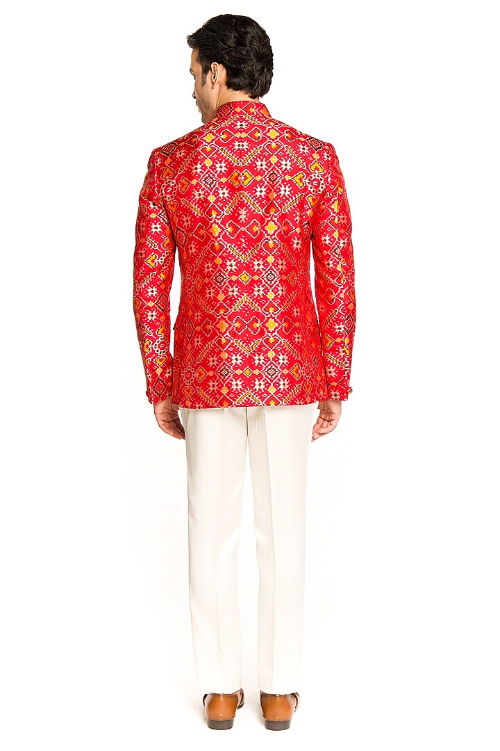 Red Patola Wedding Bandhgala Set by Arjuun Kilachand at Pernia's Pop Up Shop