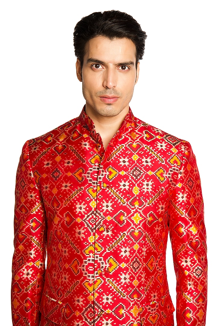 Red Patola Wedding Bandhgala Set by Arjuun Kilachand at Pernia's Pop Up Shop