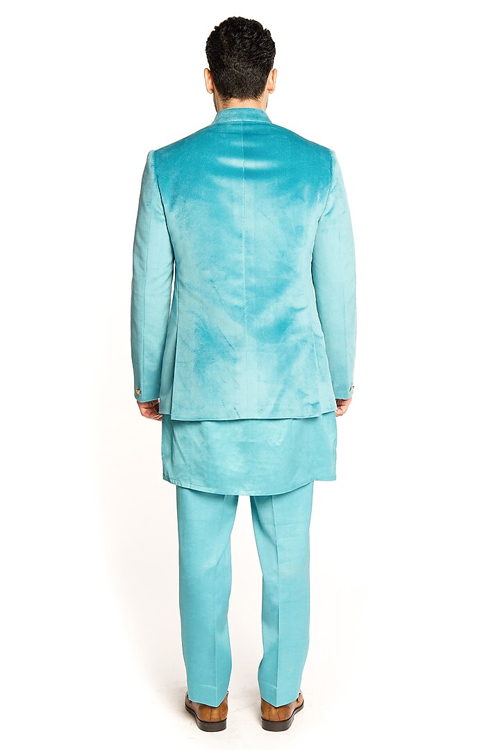 Turquoise Velvet Wedding Bandhgala Set by Arjuun Kilachand at Pernia's Pop Up Shop