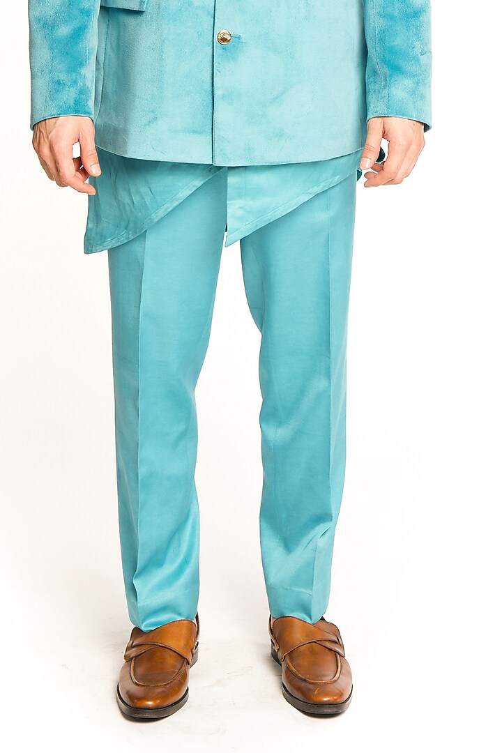 Turquoise Velvet Wedding Bandhgala Set by Arjuun Kilachand at Pernia's Pop Up Shop