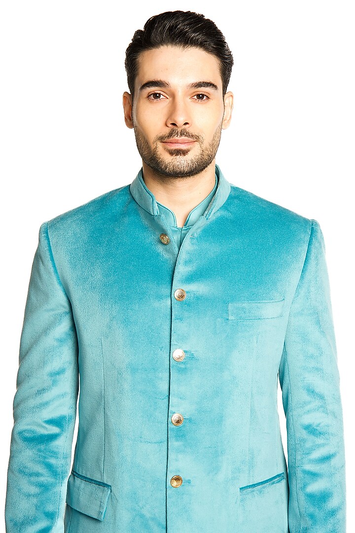 Turquoise Velvet Wedding Bandhgala Set by Arjuun Kilachand at Pernia's Pop Up Shop