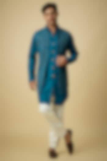 Teal Blue Silk Indowestern Set by Arjuun Kilachand