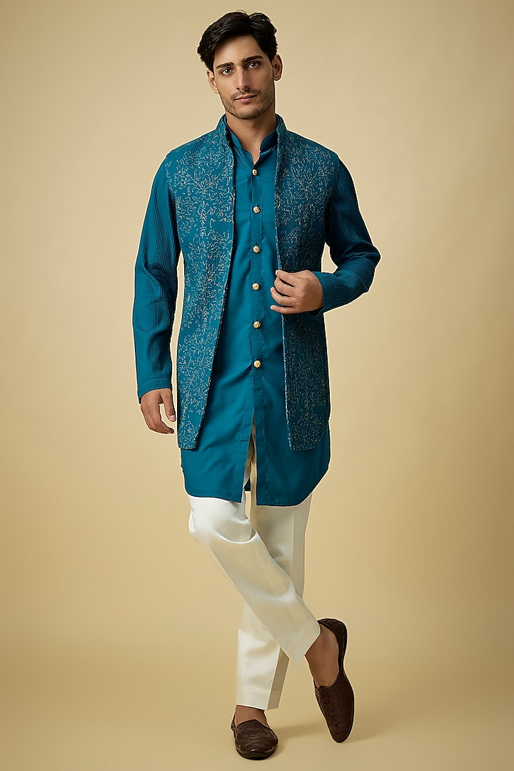 Teal Blue Silk Indowestern Set by Arjuun Kilachand
