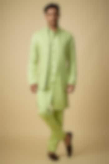 Mint Green Silk Bundi Jacket Set by Arjuun Kilachand