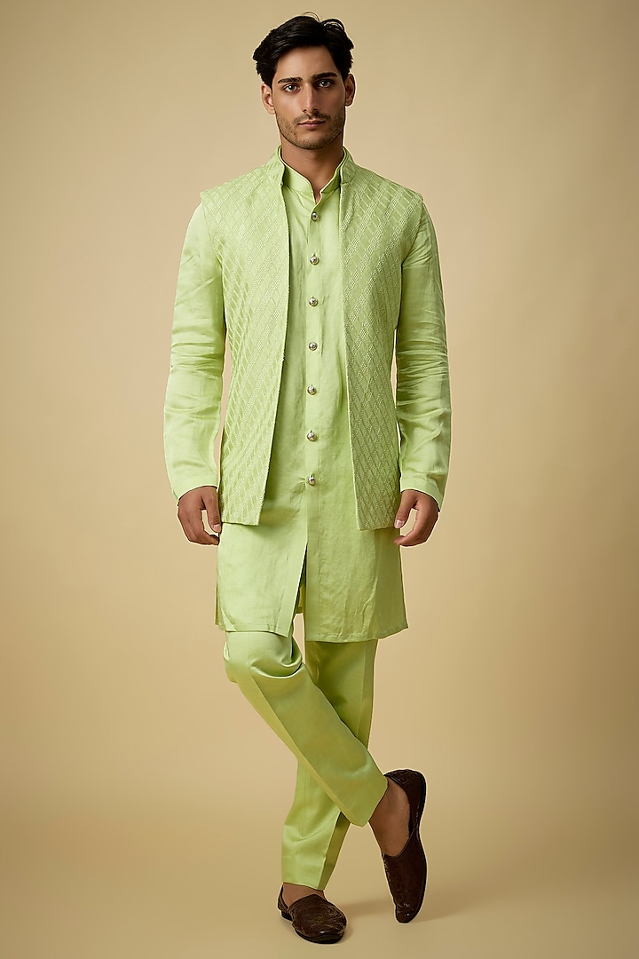 Mint Green Silk Bundi Jacket Set by Arjuun Kilachand