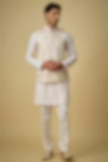 Baby Pink Silk Bundi Jacket Set by Arjuun Kilachand