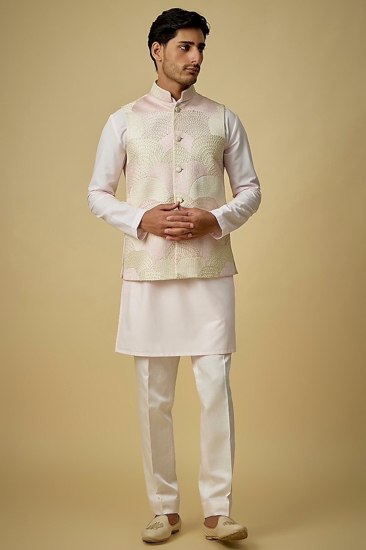 Baby Pink Silk Bundi Jacket Set by Arjuun Kilachand
