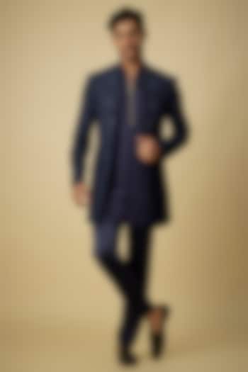 Navy Blue Silk Indowestern Set by Arjuun Kilachand