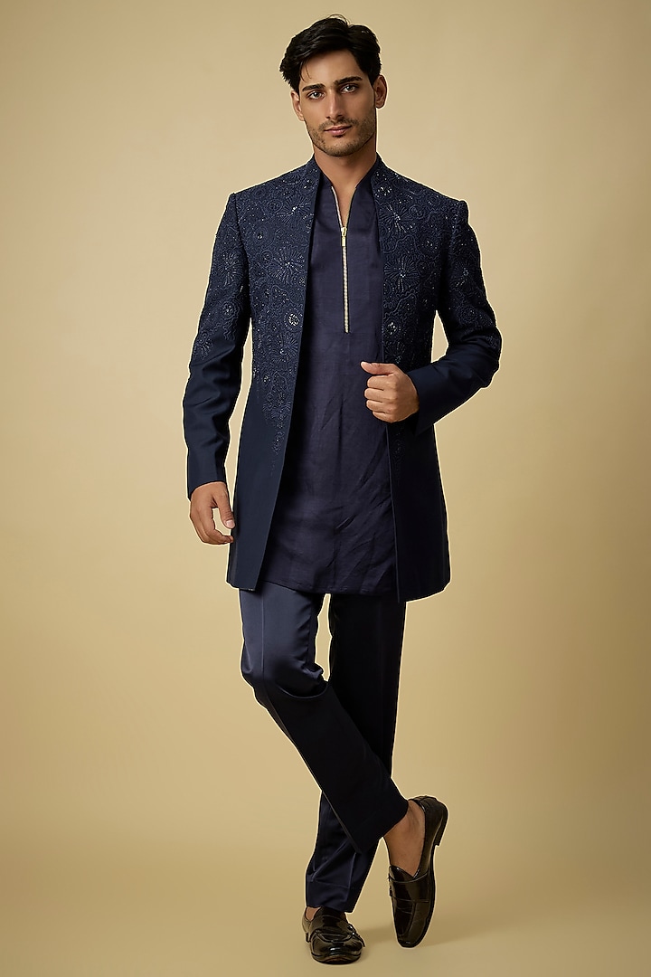 Navy Blue Silk Indowestern Set by Arjuun Kilachand