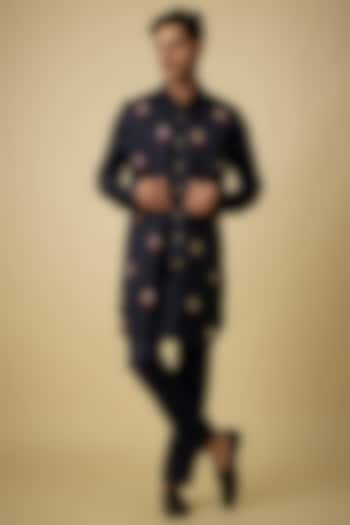 Navy Blue Silk Indowestern Set by Arjuun Kilachand