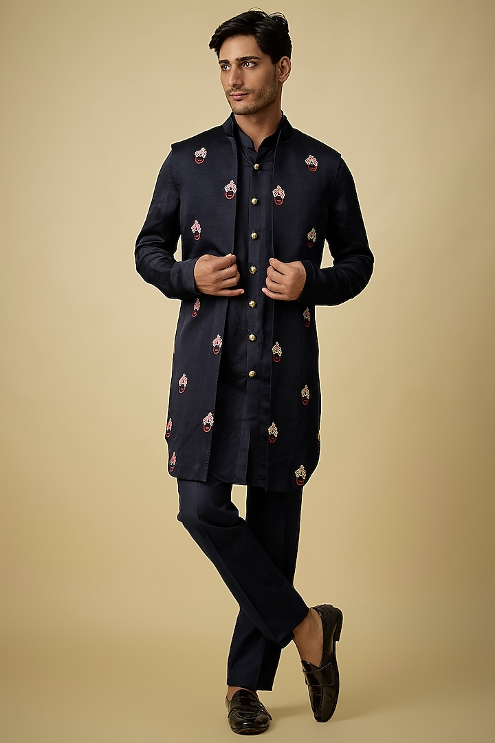 Navy Blue Silk Indowestern Set by Arjuun Kilachand